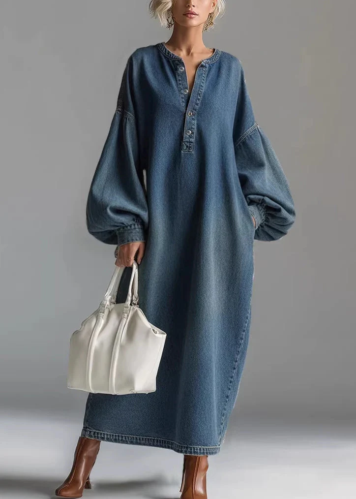 Casual Blue Oversized Denim Maxi Dresses Lantern Sleeve - Image 5