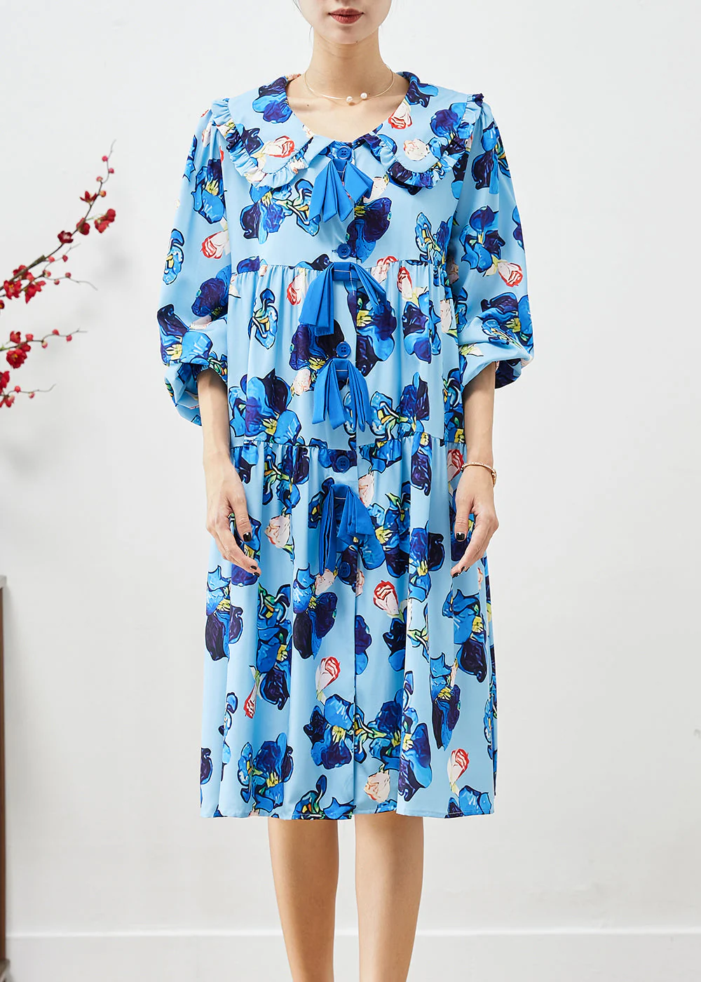 Casual Blue Oversized Patchwork Print Holiday Dress Fall - Image 2