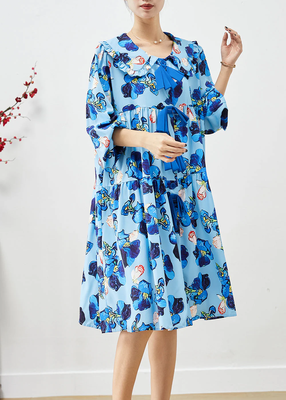 Casual Blue Oversized Patchwork Print Holiday Dress Fall - Image 3