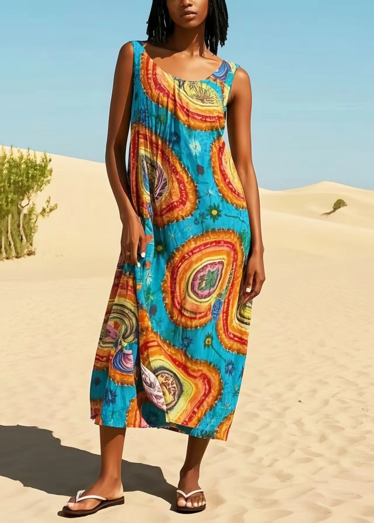 Casual Blue Oversized Print Cotton Maxi Dresses Summer - Image 3