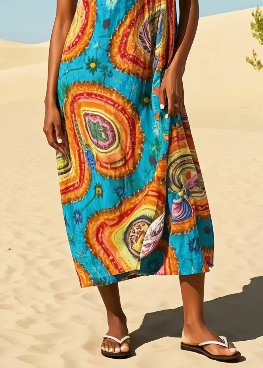 Casual Blue Oversized Print Cotton Maxi Dresses Summer - Image 4