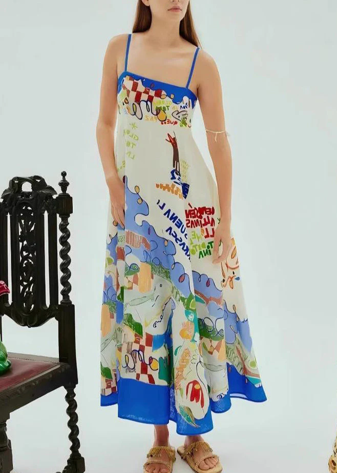 Casual Blue Patchwork Maxi Spaghetti Strap Dresses Sleeveless - Image 2