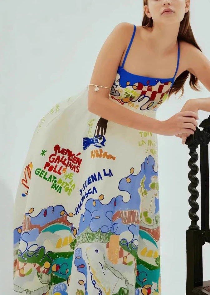 Casual Blue Patchwork Maxi Spaghetti Strap Dresses Sleeveless - Image 3