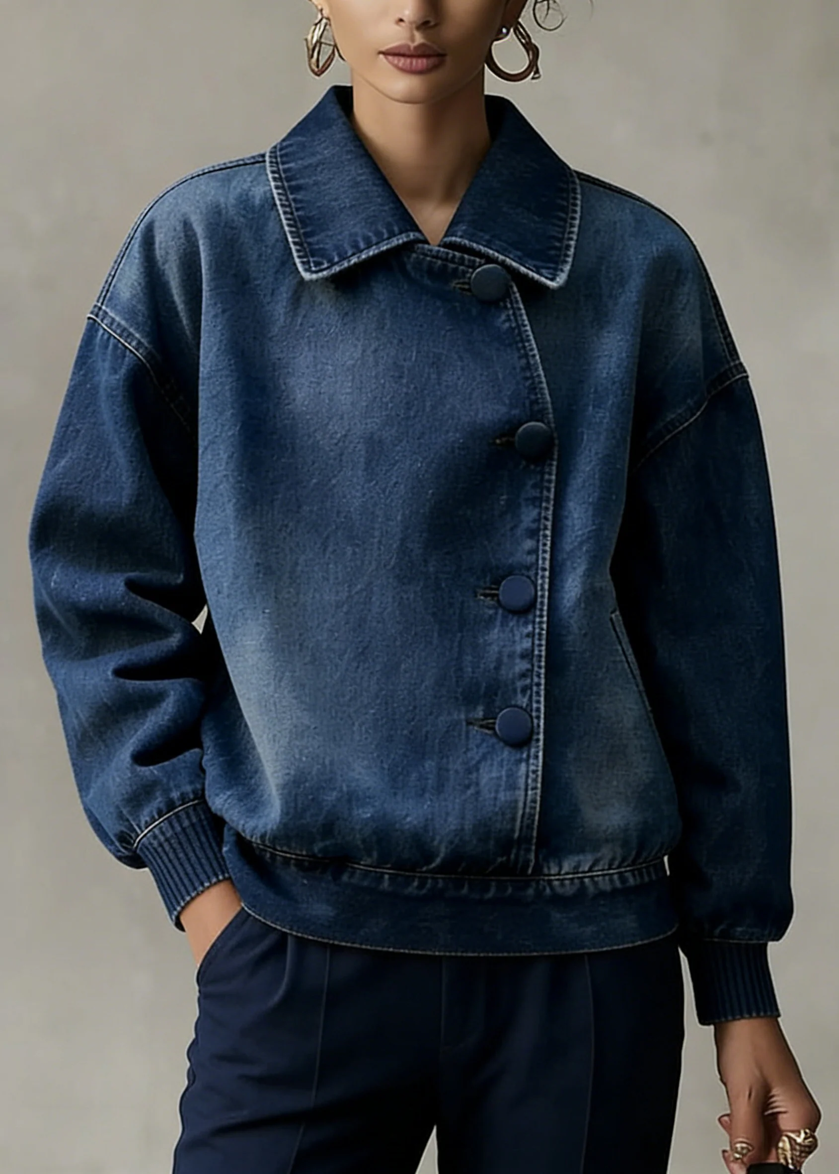 Casual Blue Peter Pan Collar Denim Coats Spring - Image 3