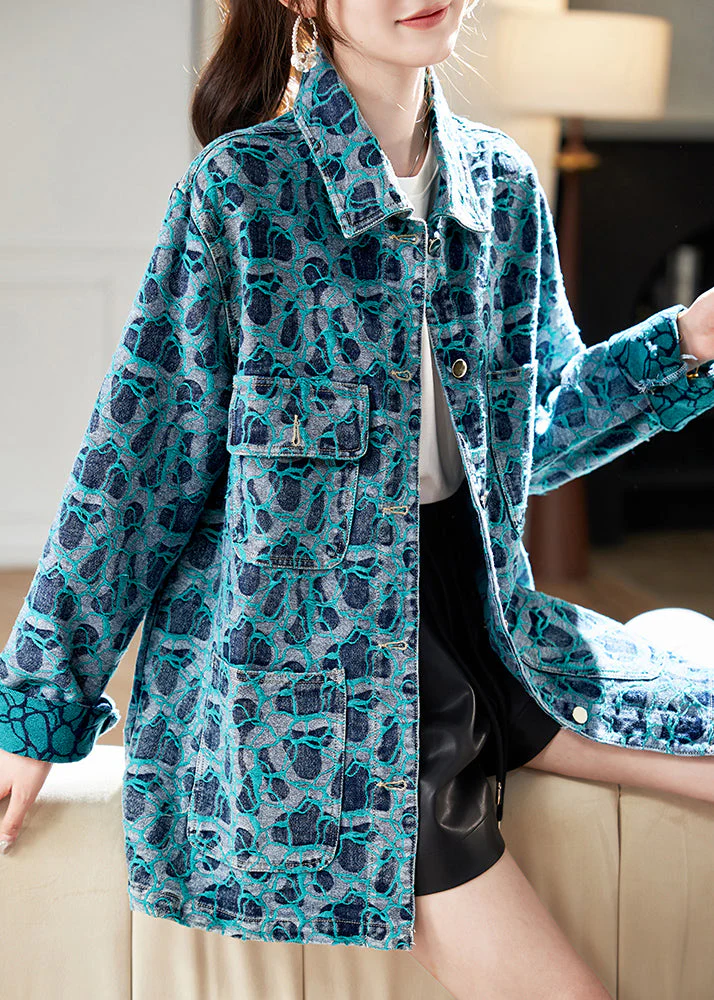 Casual Blue Peter Pan Collar Embroidered Button Shirt Fall - Image 4