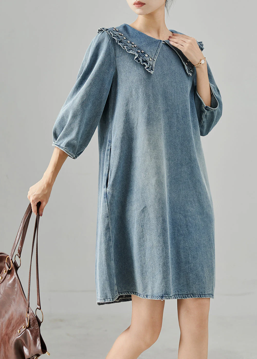Casual Blue Peter Pan Collar Rivet Denim Day Dress Bracelet Sleeve - Image 3