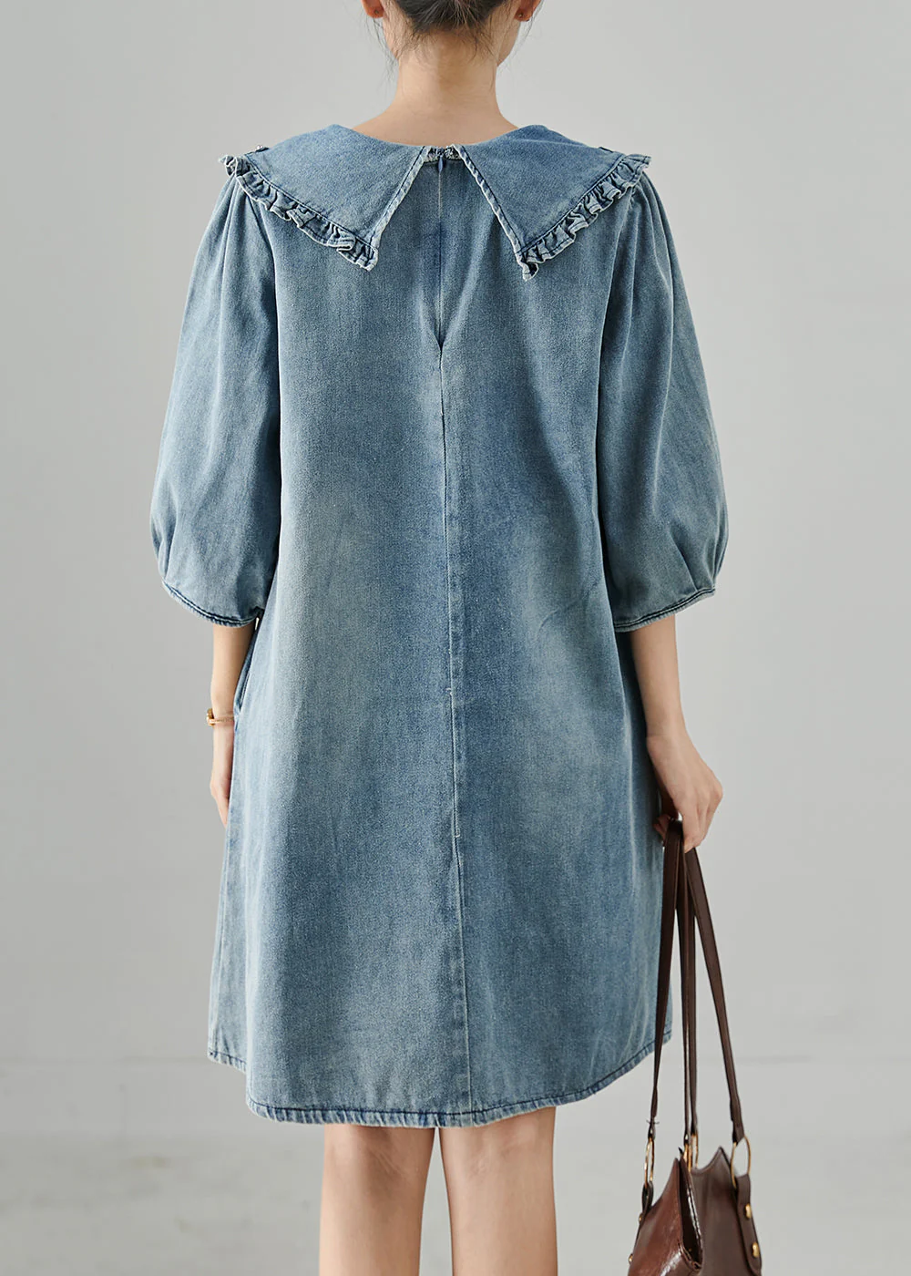 Casual Blue Peter Pan Collar Rivet Denim Day Dress Bracelet Sleeve - Image 4