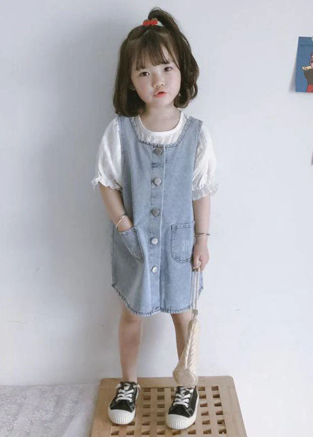 Casual Blue Pockets Button Patchwork Denim Kids Girls Dress Two Piece Set Summer - Image 2