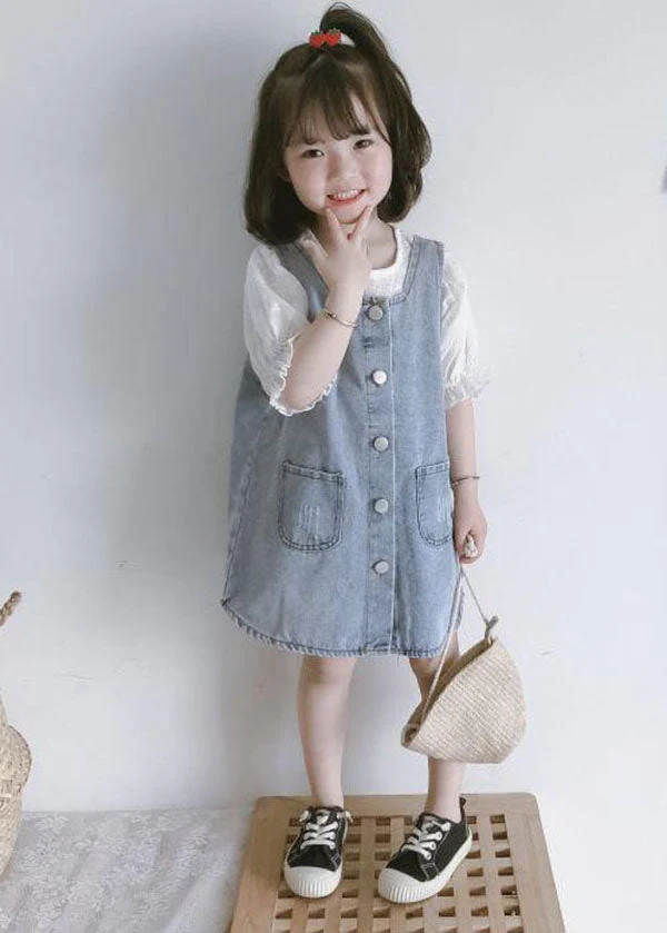 Casual Blue Pockets Button Patchwork Denim Kids Girls Dress Two Piece Set Summer - Image 3