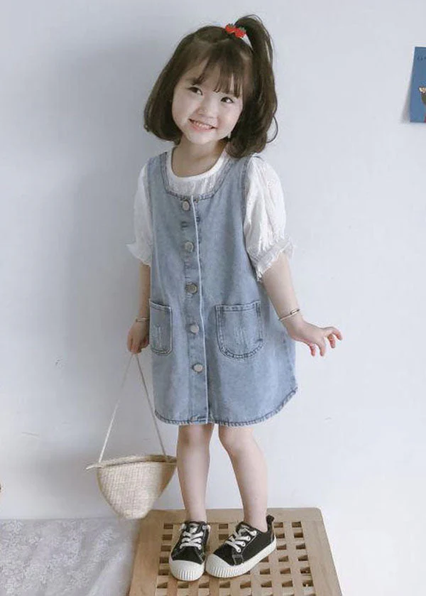 Casual Blue Pockets Button Patchwork Denim Kids Girls Dress Two Piece Set Summer - Image 4