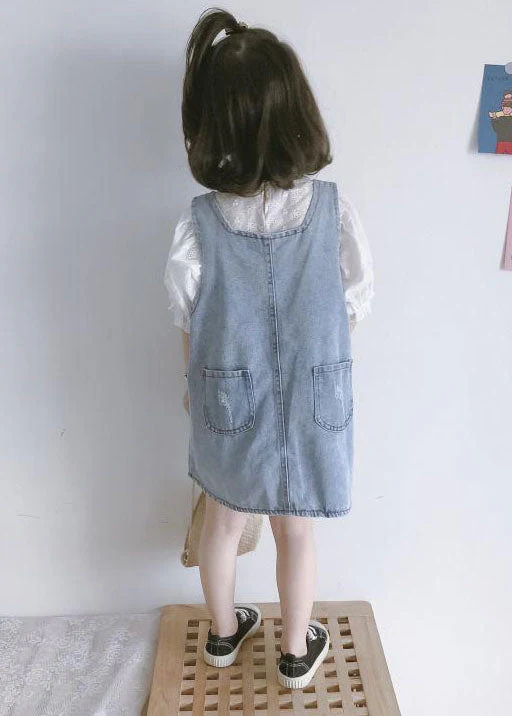Casual Blue Pockets Button Patchwork Denim Kids Girls Dress Two Piece Set Summer - Image 5