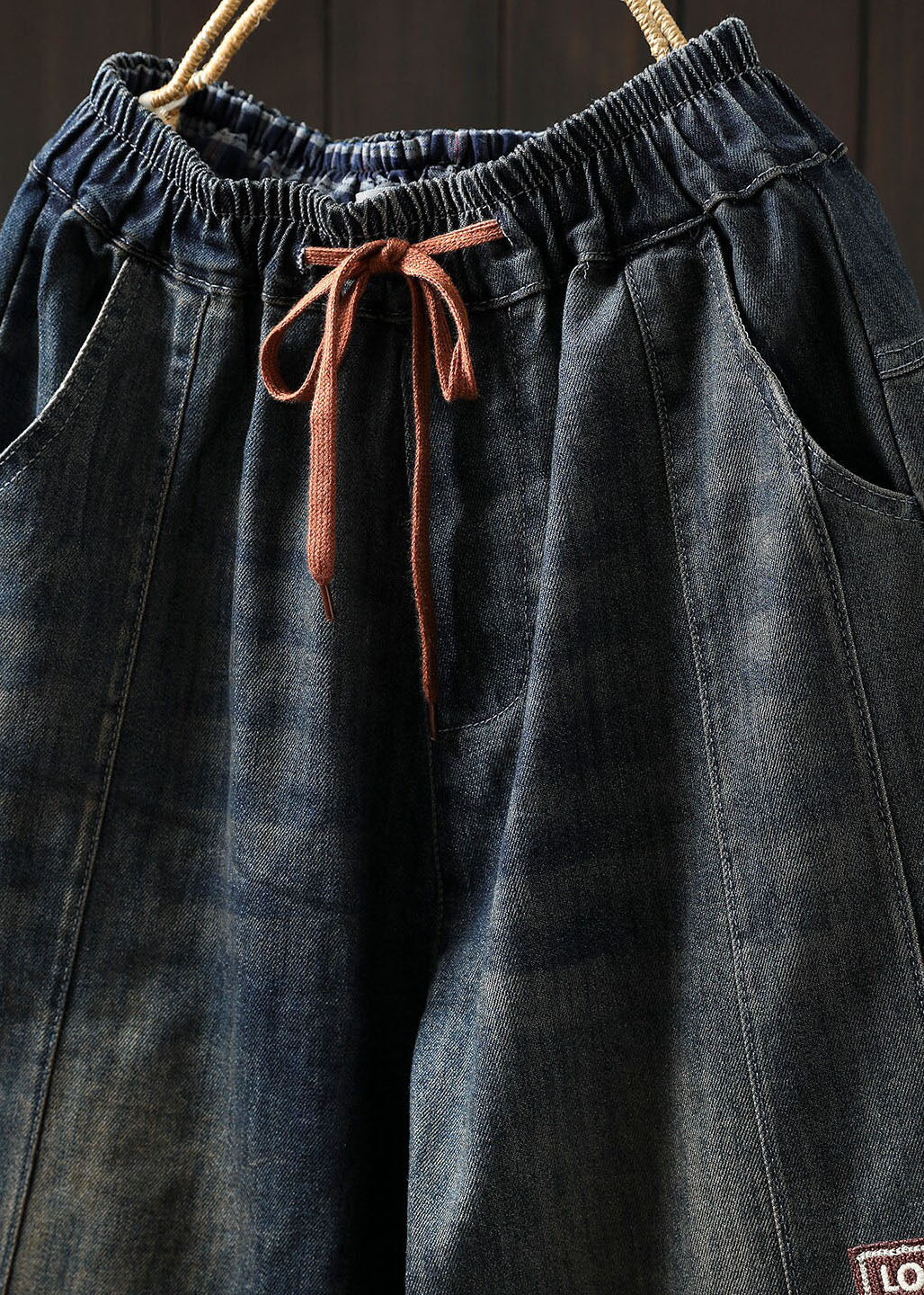Casual Blue Pockets Elastic Waist Patchwork Denim Harem Pants Spring - Image 2