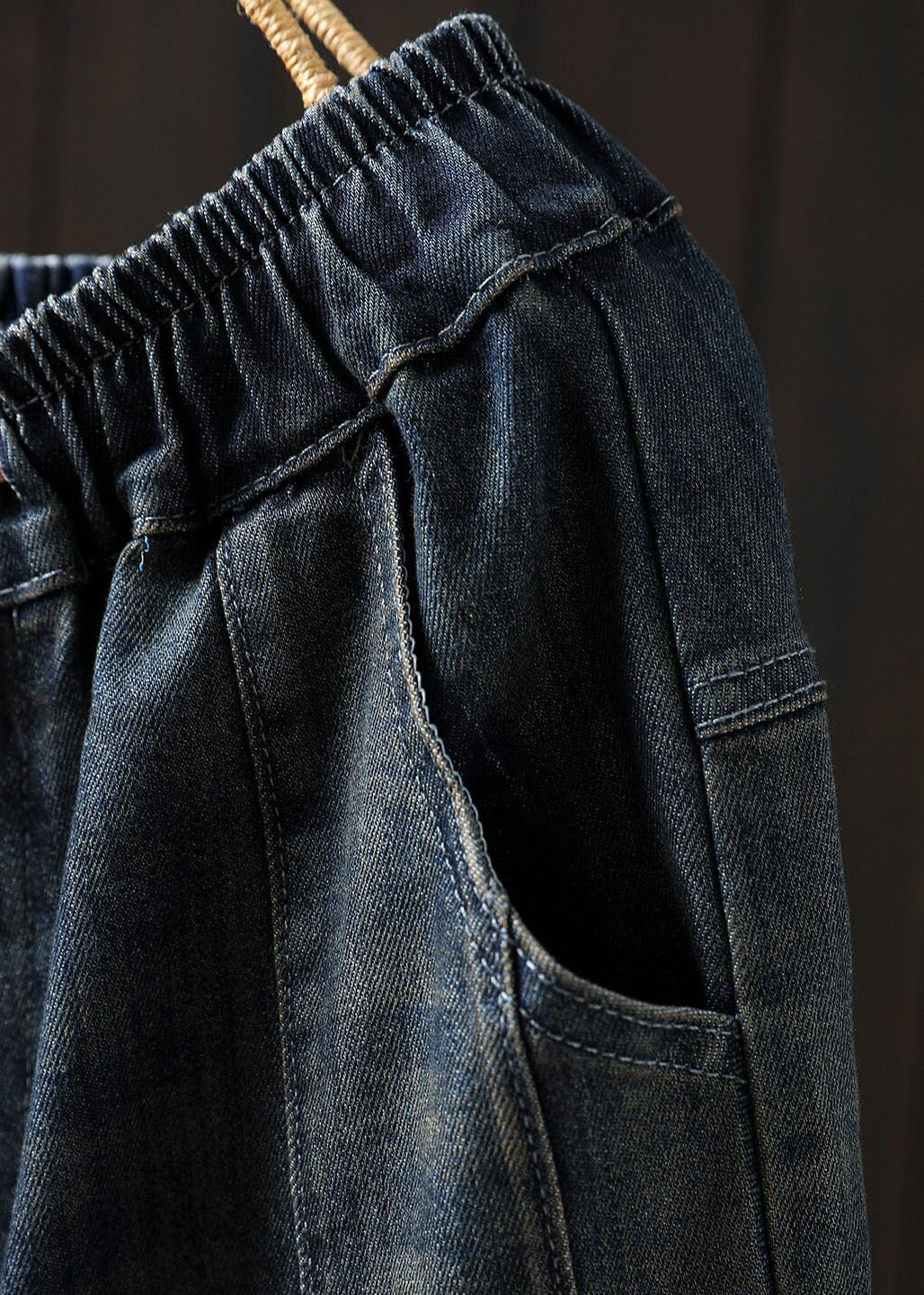 Casual Blue Pockets Elastic Waist Patchwork Denim Harem Pants Spring - Image 3