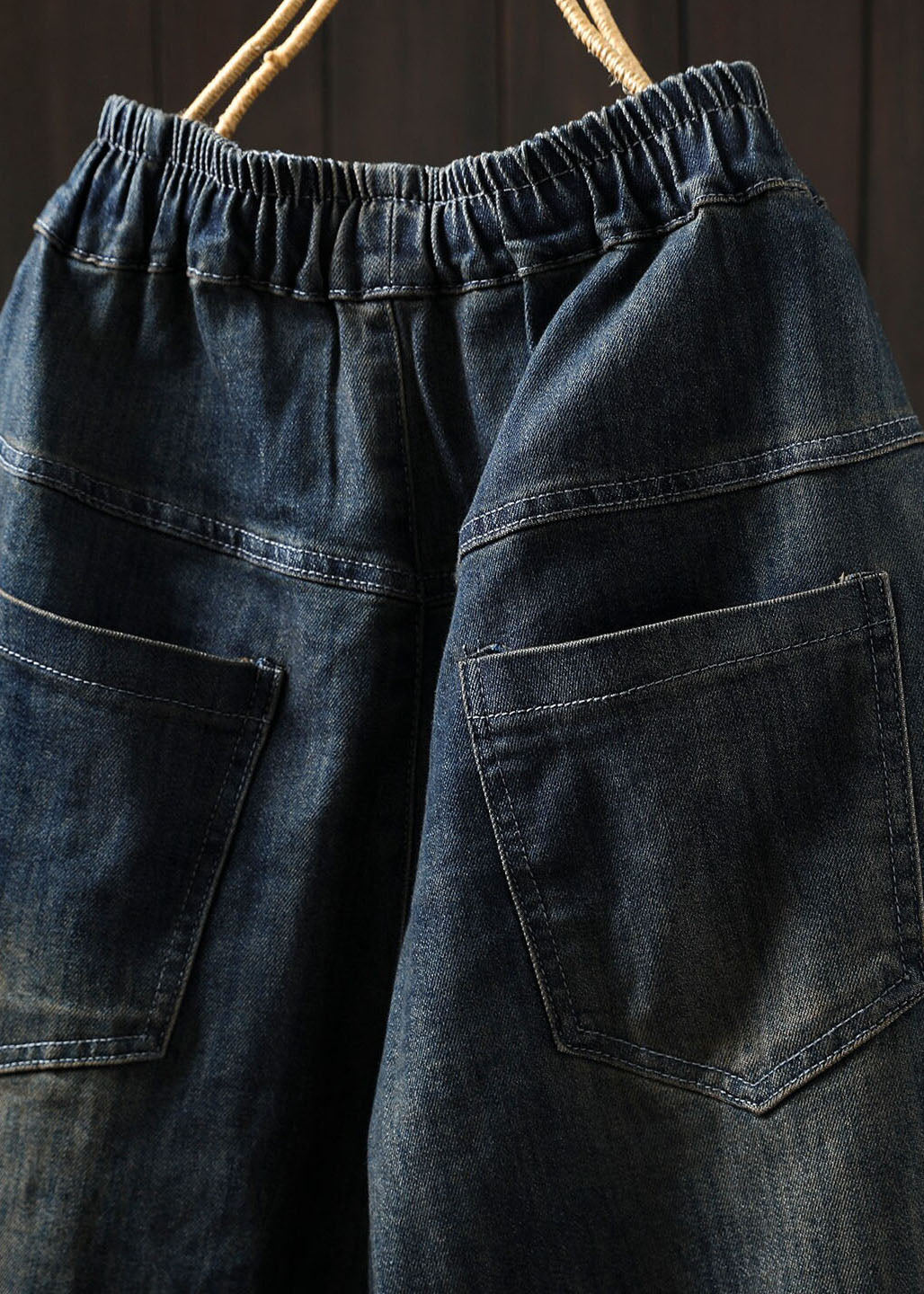 Casual Blue Pockets Elastic Waist Patchwork Denim Harem Pants Spring - Image 5