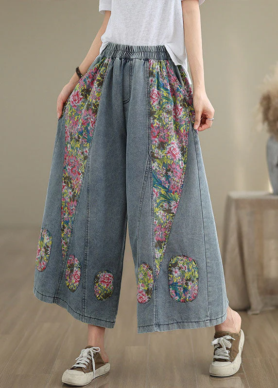 Casual Blue Pockets Print Elastic Waist Denim Crop Wide Leg Pants Summer - Image 2