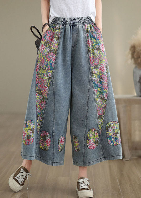 Casual Blue Pockets Print Elastic Waist Denim Crop Wide Leg Pants Summer - Image 3