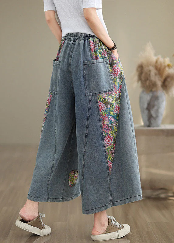 Casual Blue Pockets Print Elastic Waist Denim Crop Wide Leg Pants Summer - Image 4
