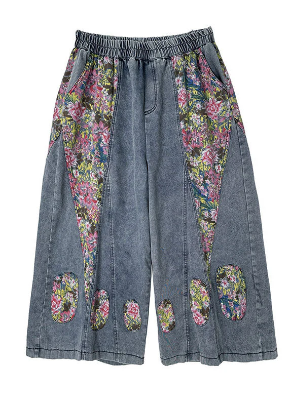 Casual Blue Pockets Print Elastic Waist Denim Crop Wide Leg Pants Summer - Image 5