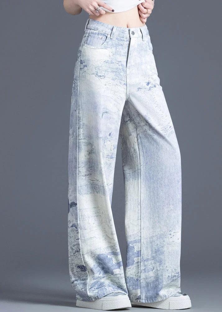 Casual Blue Pockets Tie Dye High Waist Denim Pants Spring - Image 2