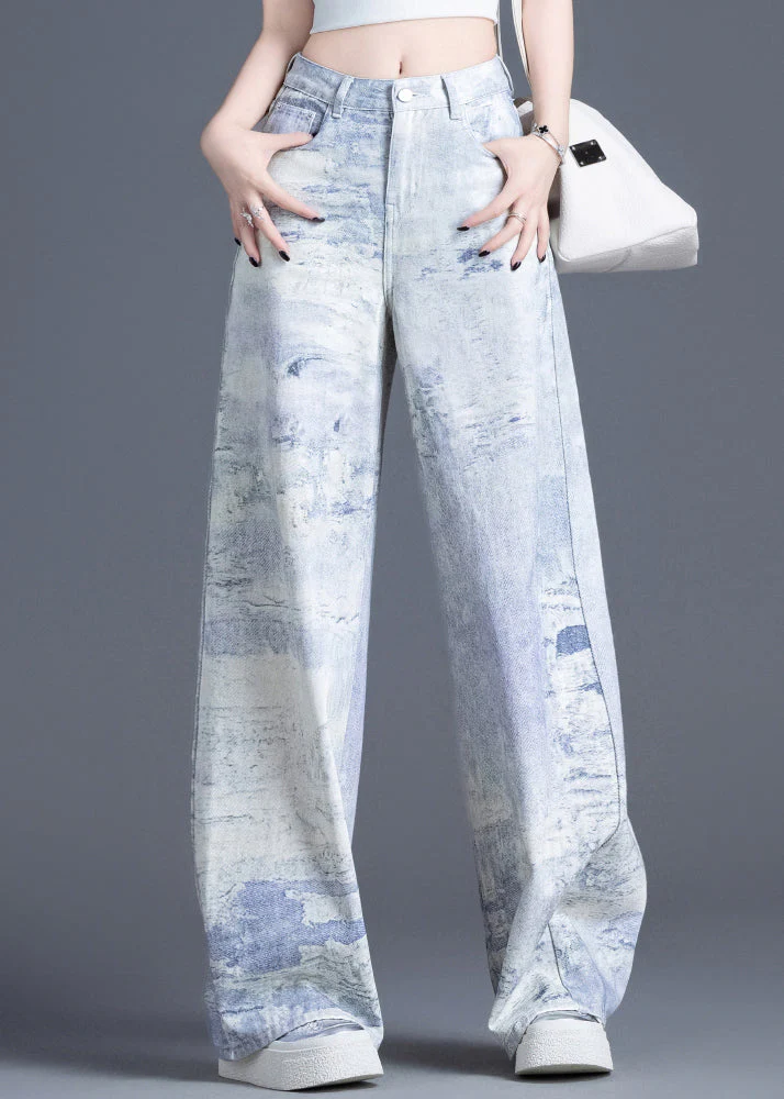Casual Blue Pockets Tie Dye High Waist Denim Pants Spring - Image 3