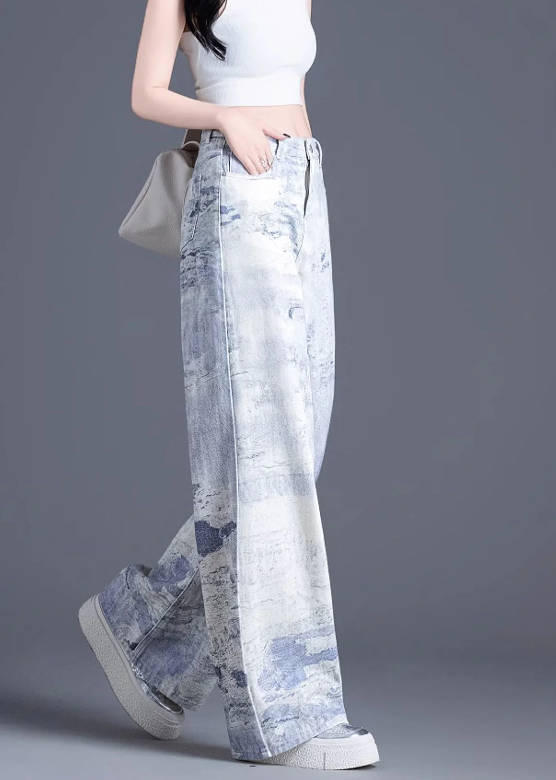 Casual Blue Pockets Tie Dye High Waist Denim Pants Spring - Image 4