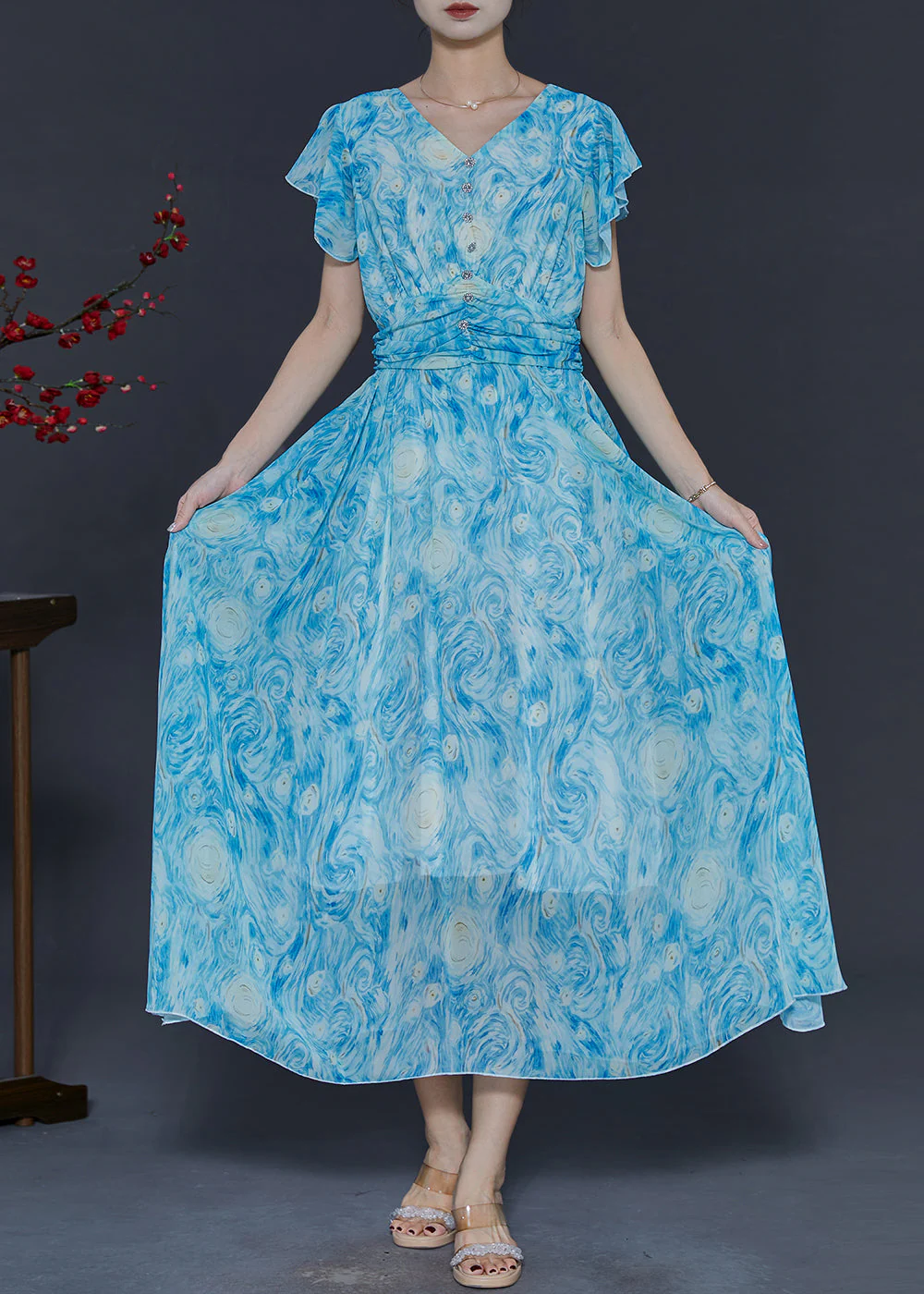 Casual Blue Print Chiffon Beach Dress Butterfly Sleeve - Image 2