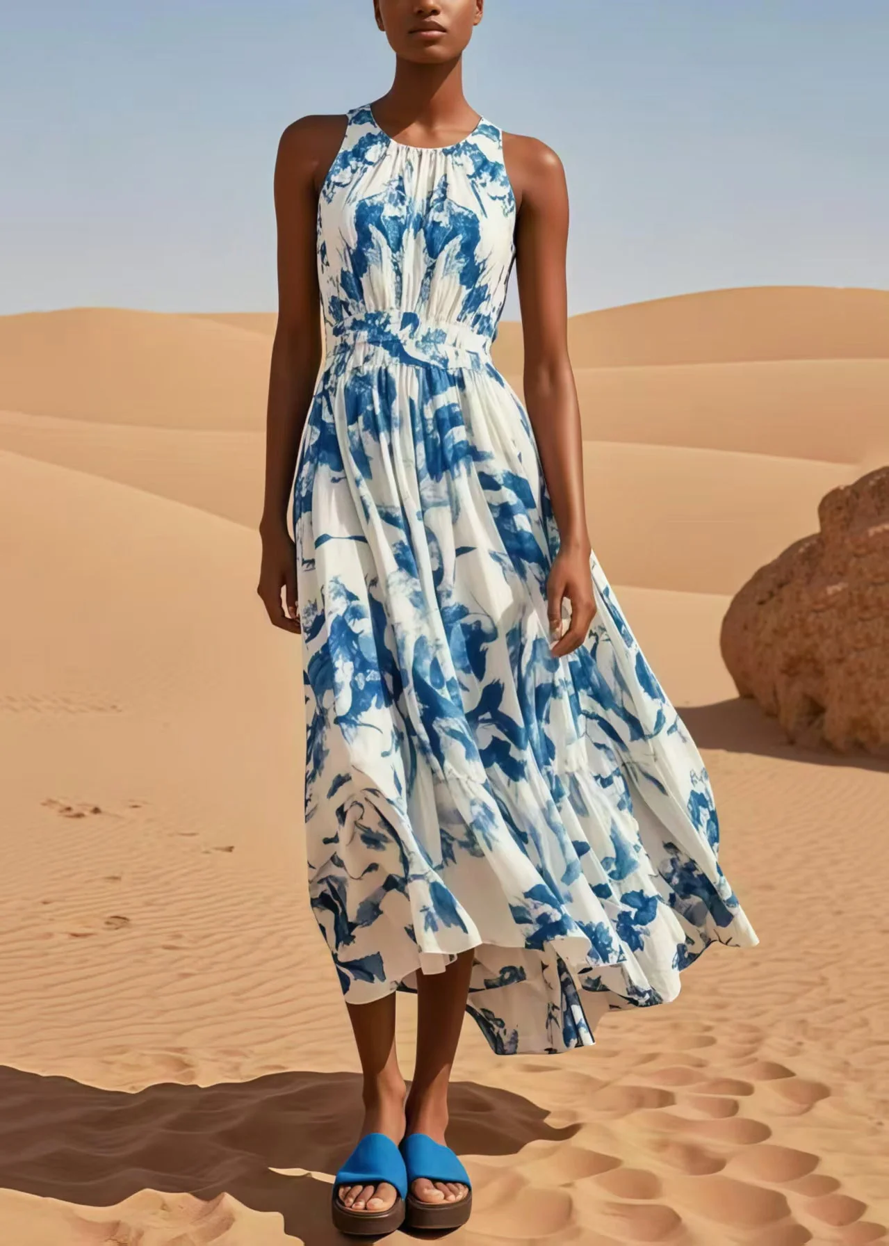 Casual Blue Print Exra Large Hem Cotton Beach Dress Sleeveless - Image 3