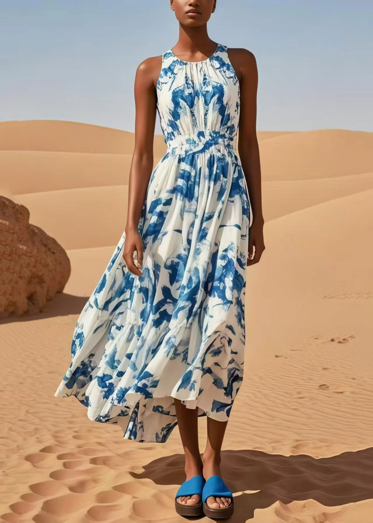 Casual Blue Print Exra Large Hem Cotton Beach Dress Sleeveless - Image 5