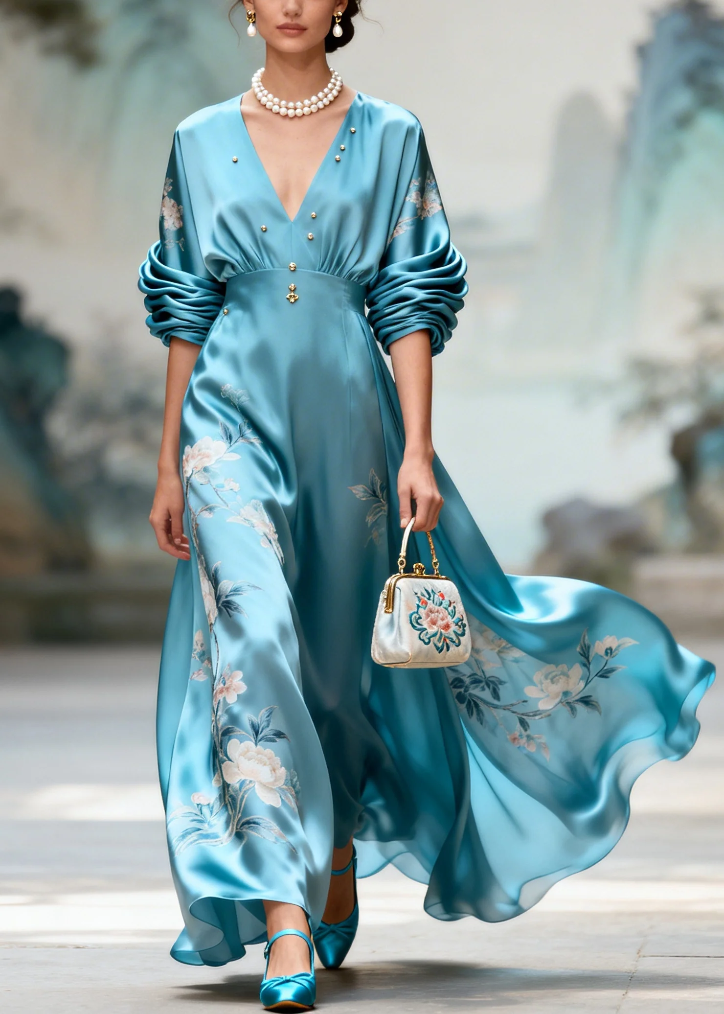 Casual Blue Print Exra Large Hem Nail Bead Silk Party Dresses Summer - Image 3