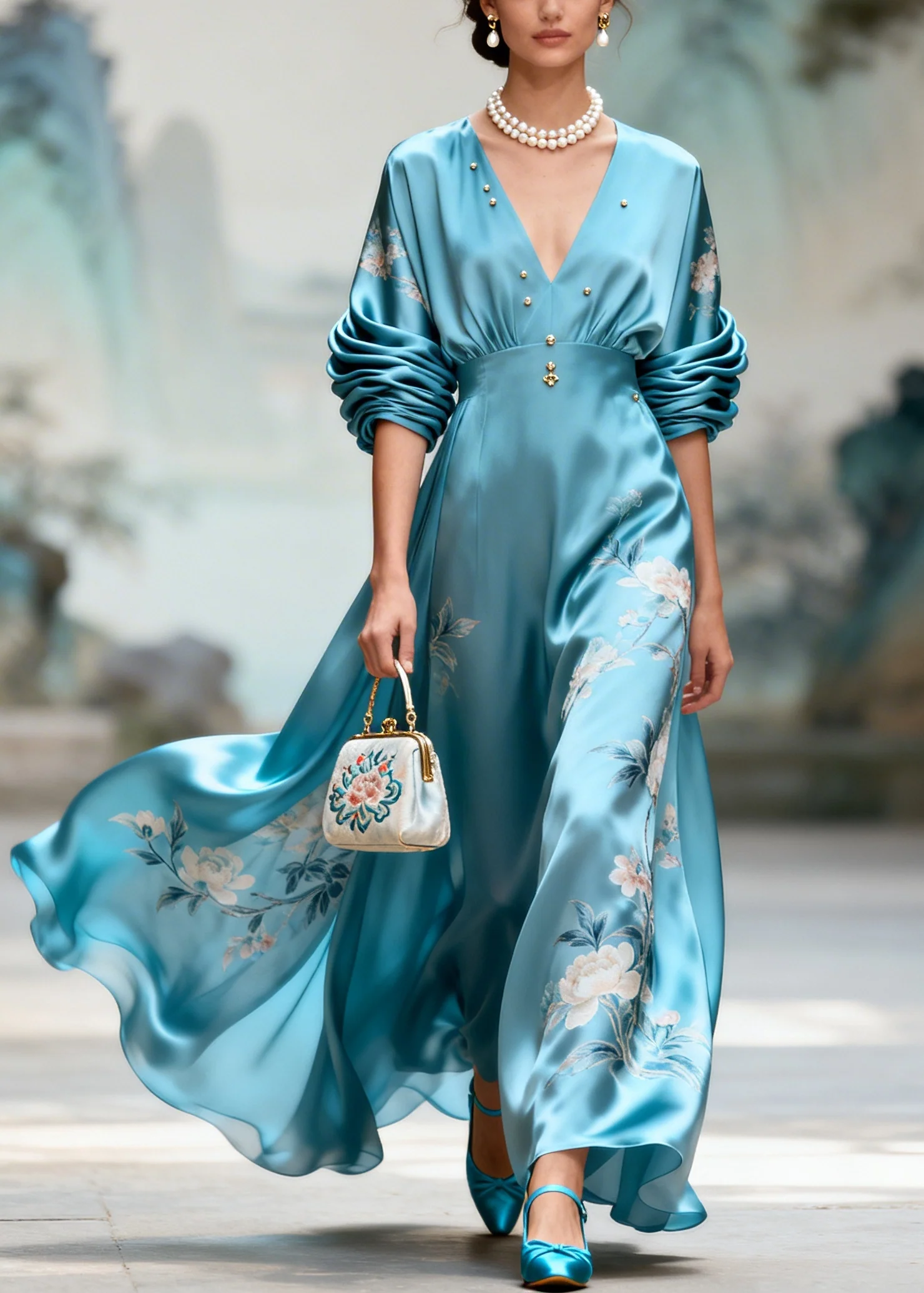 Casual Blue Print Exra Large Hem Nail Bead Silk Party Dresses Summer - Image 5