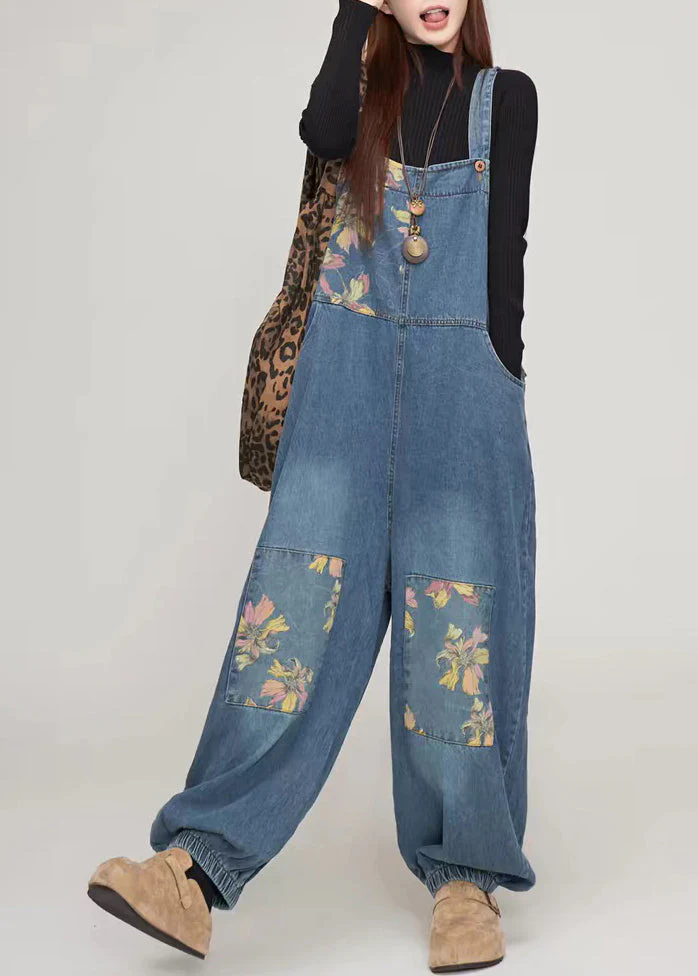 Casual Blue Print Pockets Patchwork Denim Jumpsuit Summer