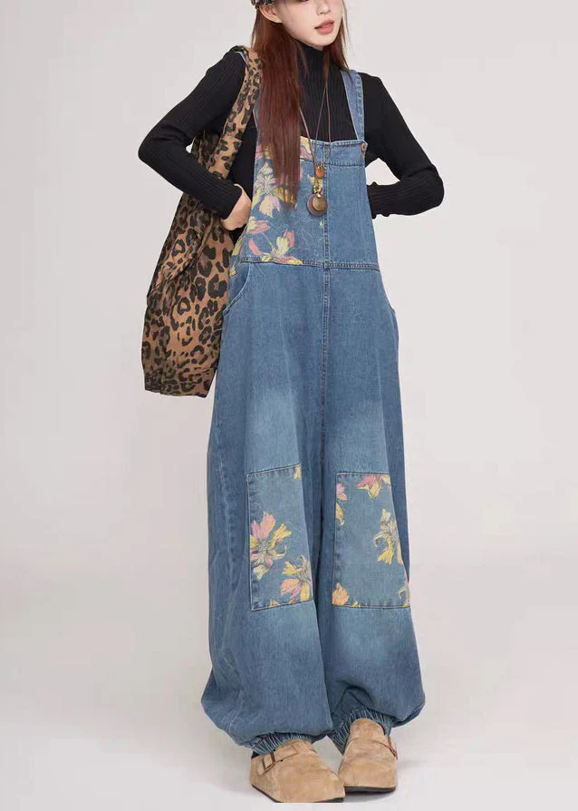 Casual Blue Print Pockets Patchwork Denim Jumpsuit Summer - Image 2