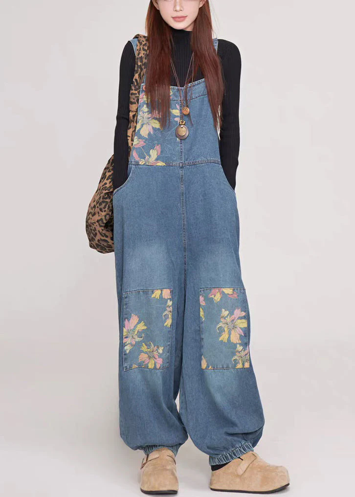 Casual Blue Print Pockets Patchwork Denim Jumpsuit Summer - Image 3