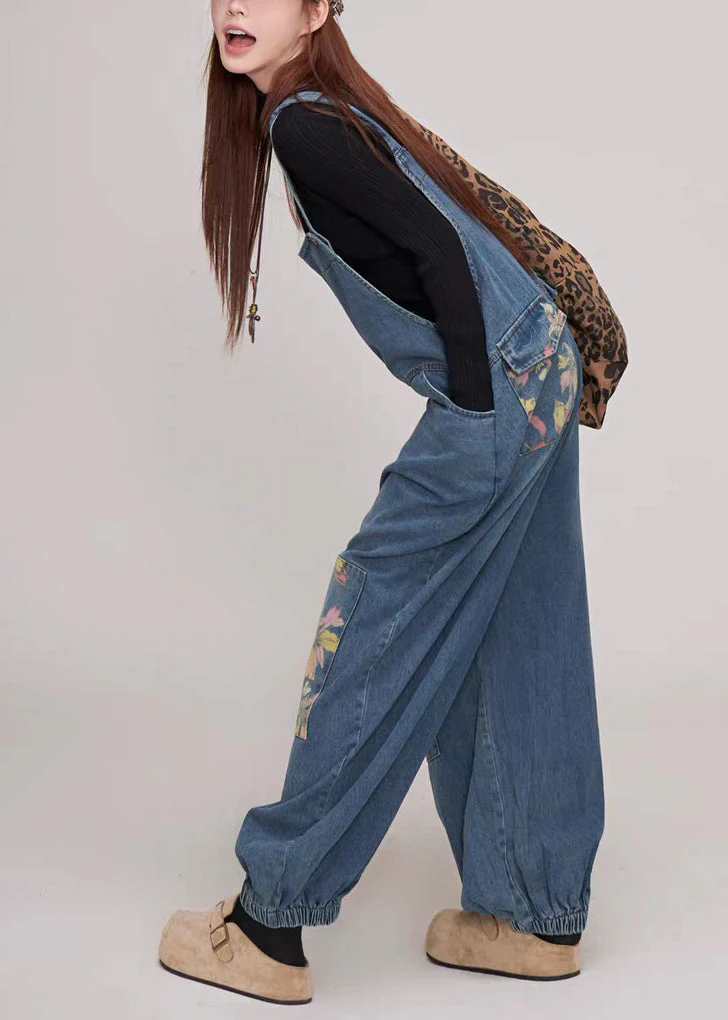 Casual Blue Print Pockets Patchwork Denim Jumpsuit Summer - Image 4