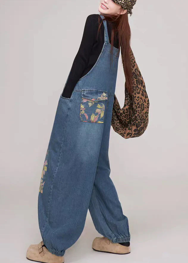 Casual Blue Print Pockets Patchwork Denim Jumpsuit Summer - Image 5