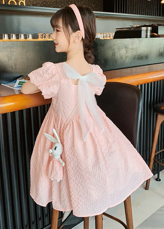 Casual Blue Puff Sleeve Bow Rabbit Cotton Kids Girls Long Dress Summer - Image 2