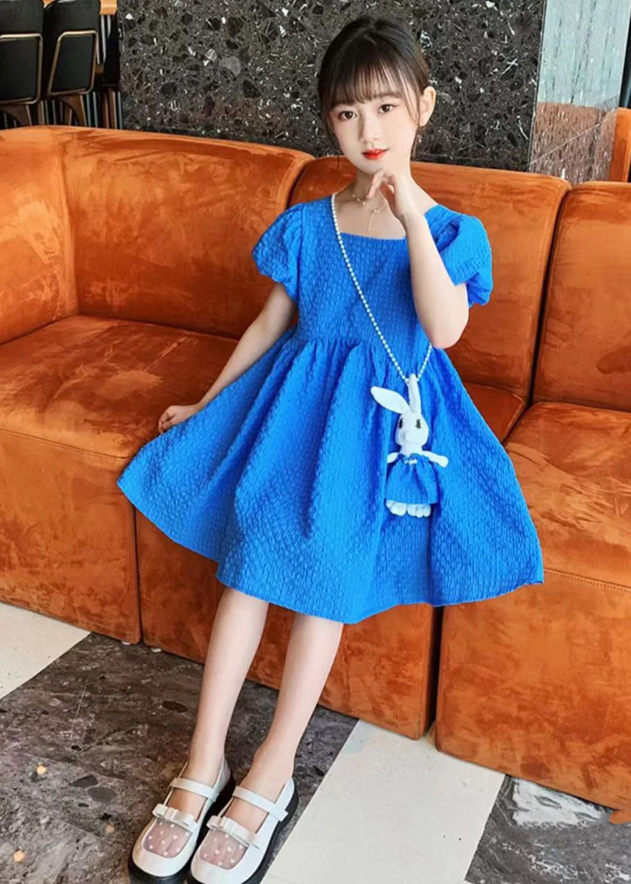 Casual Blue Puff Sleeve Bow Rabbit Cotton Kids Girls Long Dress Summer - Image 3