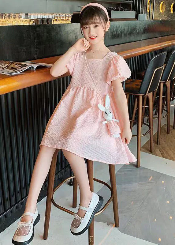Casual Blue Puff Sleeve Bow Rabbit Cotton Kids Girls Long Dress Summer - Image 4