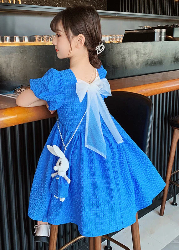 Casual Blue Puff Sleeve Bow Rabbit Cotton Kids Girls Long Dress Summer - Image 5