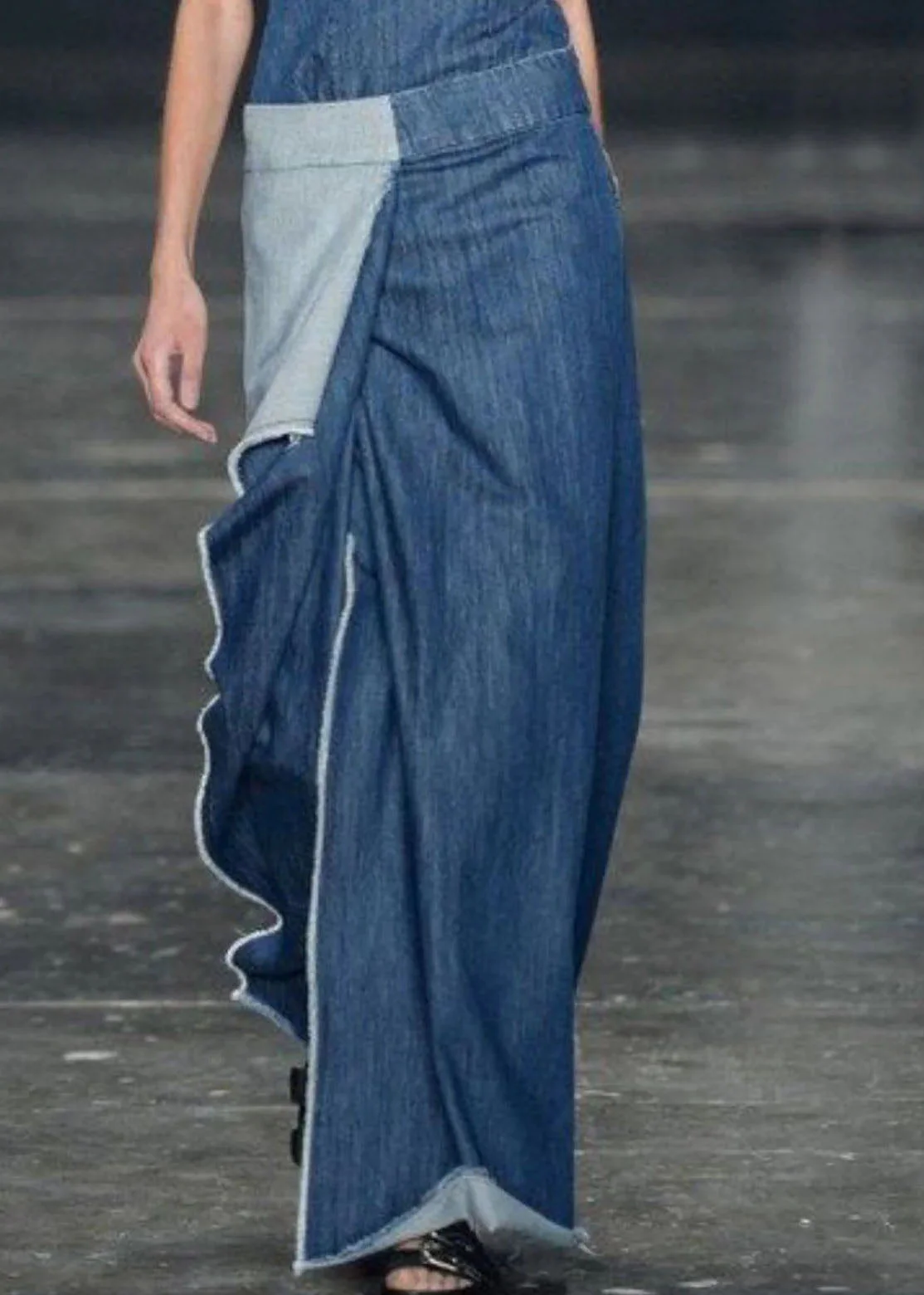 Casual Blue Ruffled Patchwork Long Denim Dresses Sleeveless - Image 3