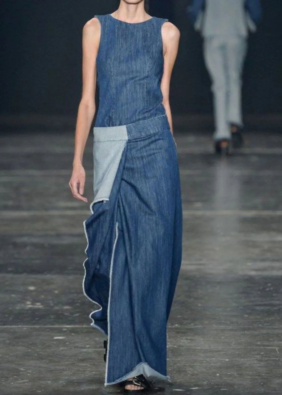 Casual Blue Ruffled Patchwork Long Denim Dresses Sleeveless - Image 4