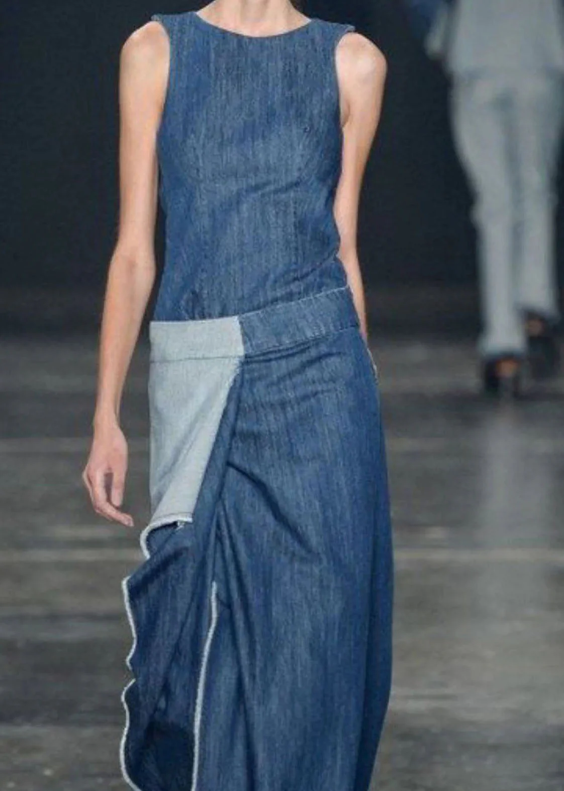 Casual Blue Ruffled Patchwork Long Denim Dresses Sleeveless - Image 5