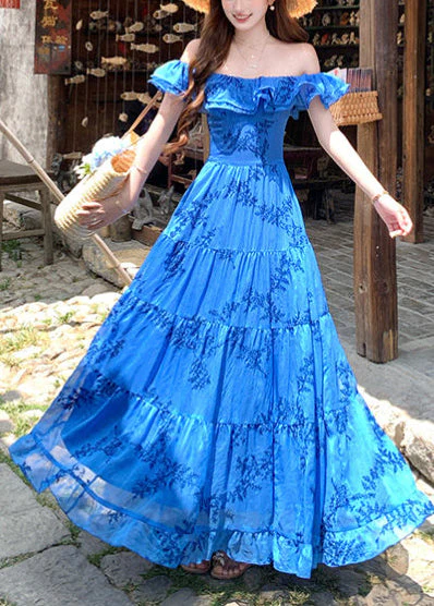 Casual Blue Ruffled Print Cotton Holiday Dress Summer - Image 2