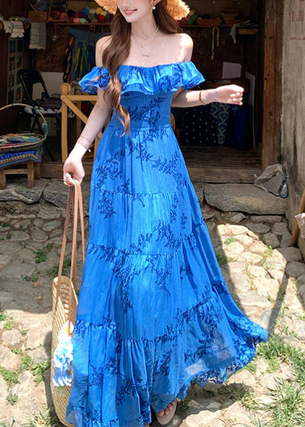 Casual Blue Ruffled Print Cotton Holiday Dress Summer - Image 3