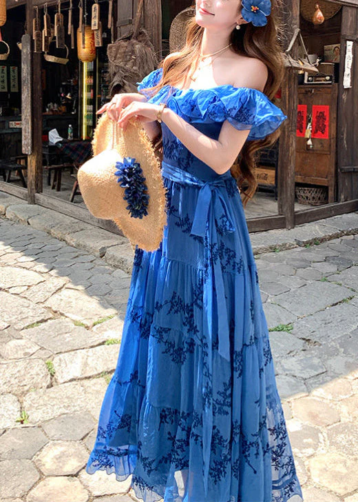 Casual Blue Ruffled Print Cotton Holiday Dress Summer - Image 4