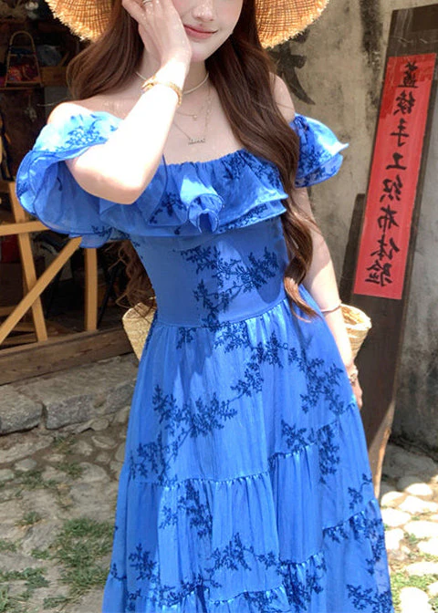 Casual Blue Ruffled Print Cotton Holiday Dress Summer - Image 5
