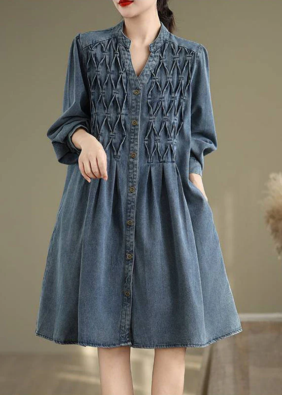 Casual Blue Stand Collar Button Long Dress Lantern Sleeve - Image 2