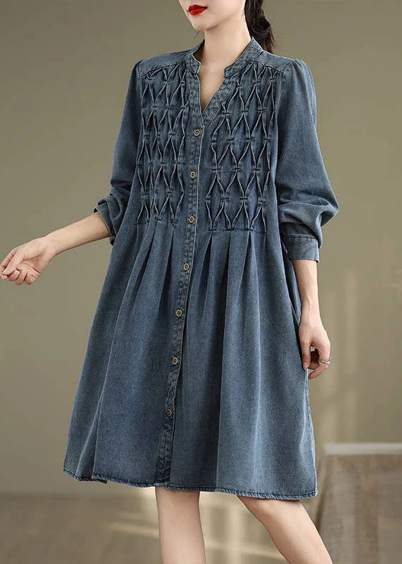 Casual Blue Stand Collar Button Long Dress Lantern Sleeve - Image 3