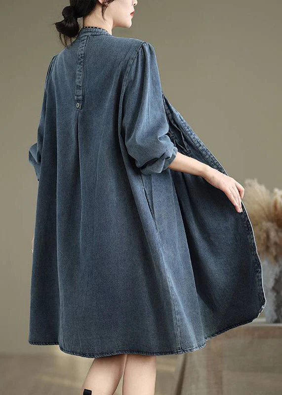 Casual Blue Stand Collar Button Long Dress Lantern Sleeve - Image 4