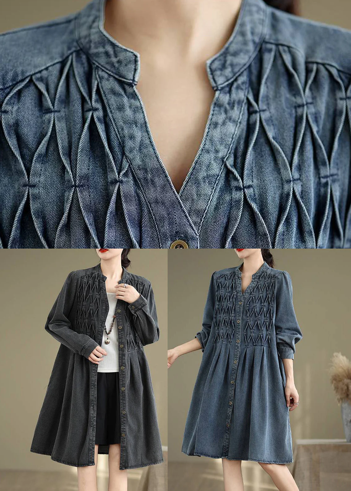 Casual Blue Stand Collar Button Long Dress Lantern Sleeve - Image 5